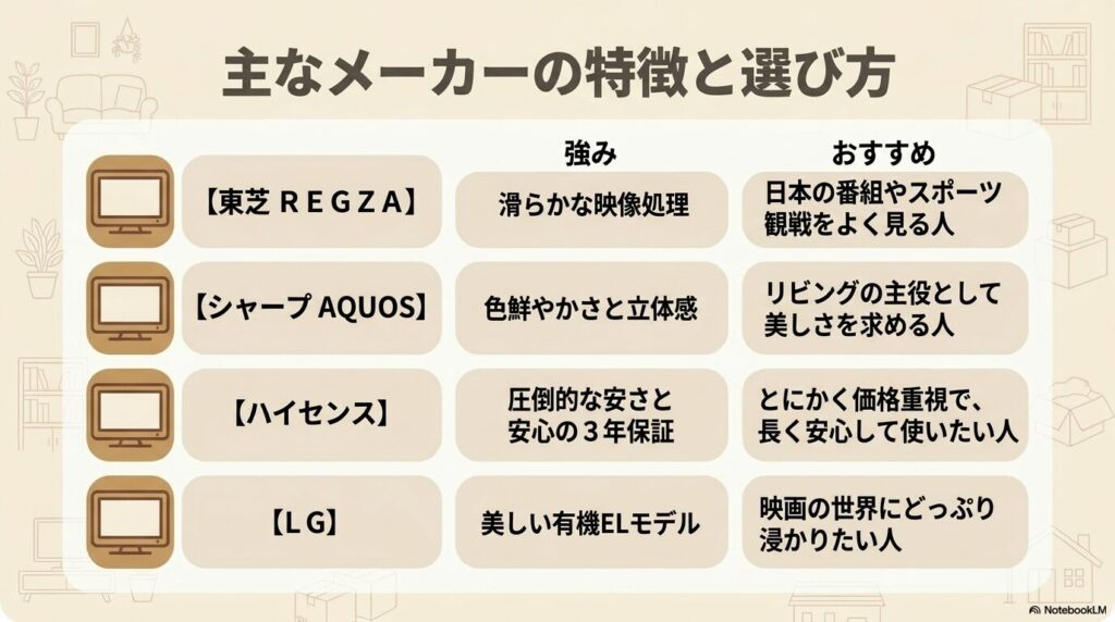 東芝、シャープ、ハイセンス、LGの主要メーカーごとの特徴とおすすめの選び方をまとめたスライド。
