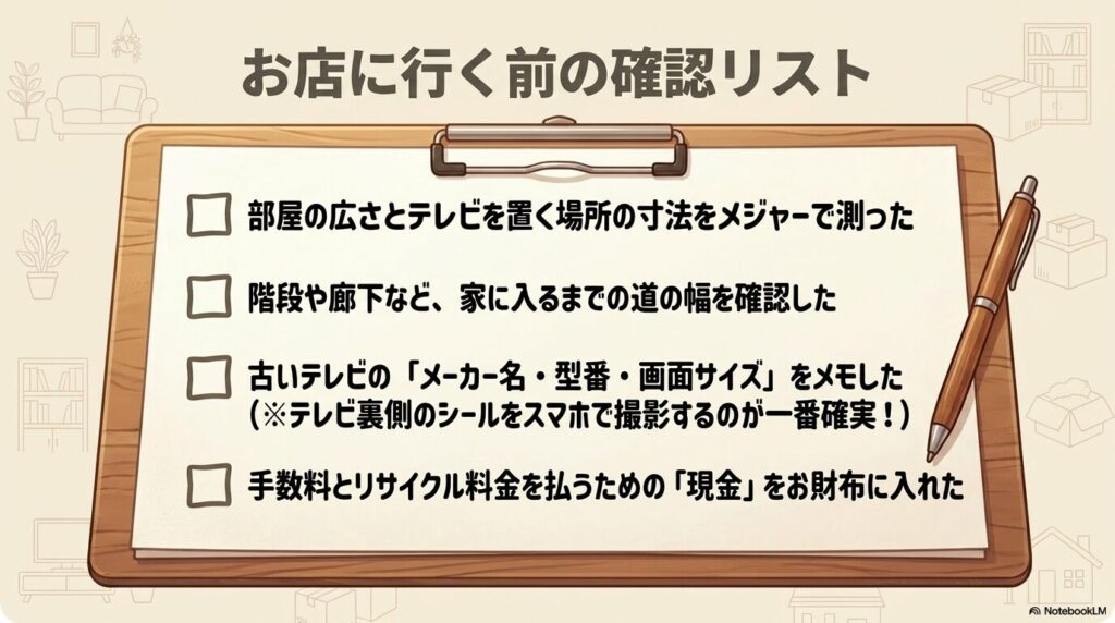サイズ測定、搬入経路の確認、旧テレビの情報メモ、現金の準備を促す来店前チェックリスト。