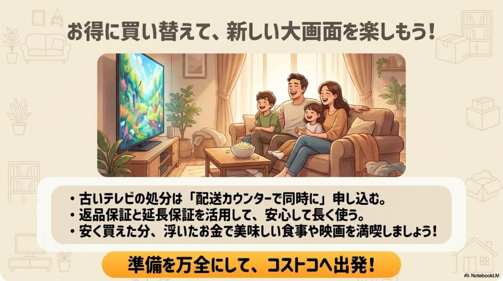まとめとして、配送カウンターでの申し込みや保証の活用を推奨する最終スライド。