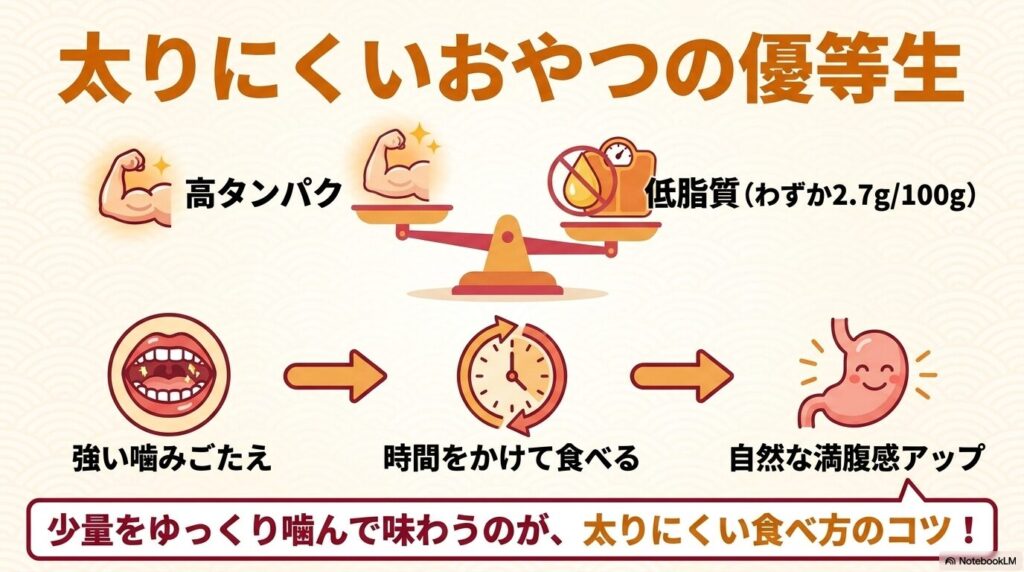 するめスティックが太りにくい理由として、栄養価の高さと満腹感を得られる仕組みを説明したスライドです。