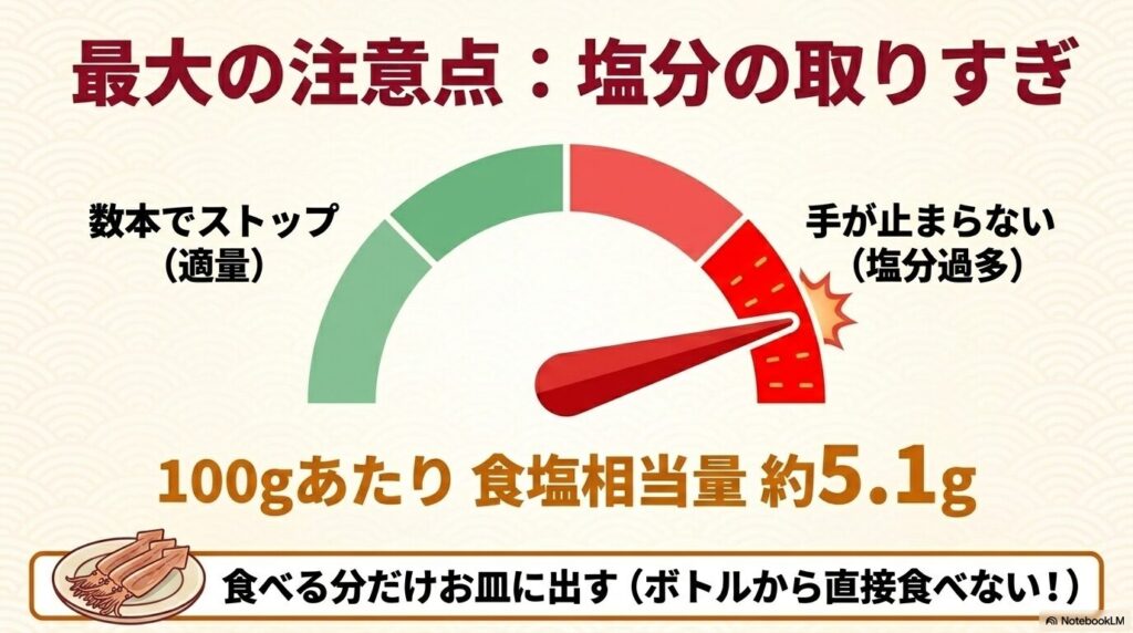 100gあたりの塩分量が多く、食べ過ぎに注意するための対策を紹介しているスライドです。