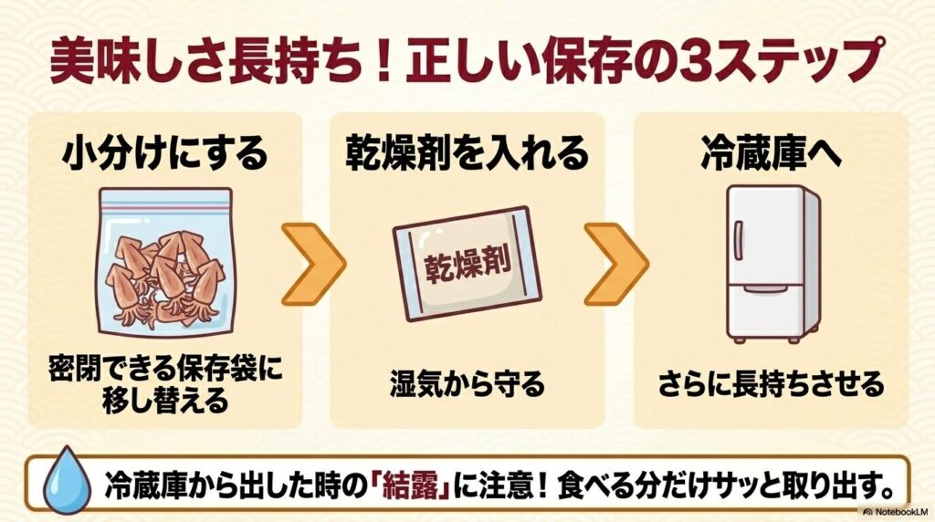 美味しさを長持ちさせるための、小分け、乾燥剤、冷蔵庫保管の3ステップを紹介するスライドです。