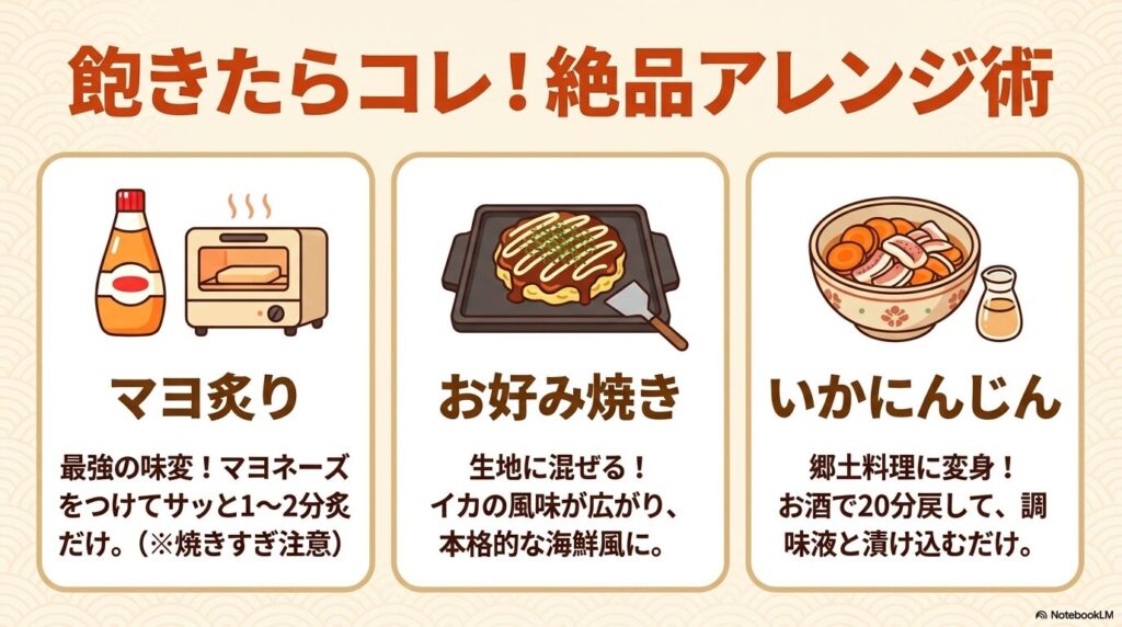 するめスティックを使った、マヨ炙り、お好み焼き、いかにんじんの3つのアレンジレシピを提案しています。