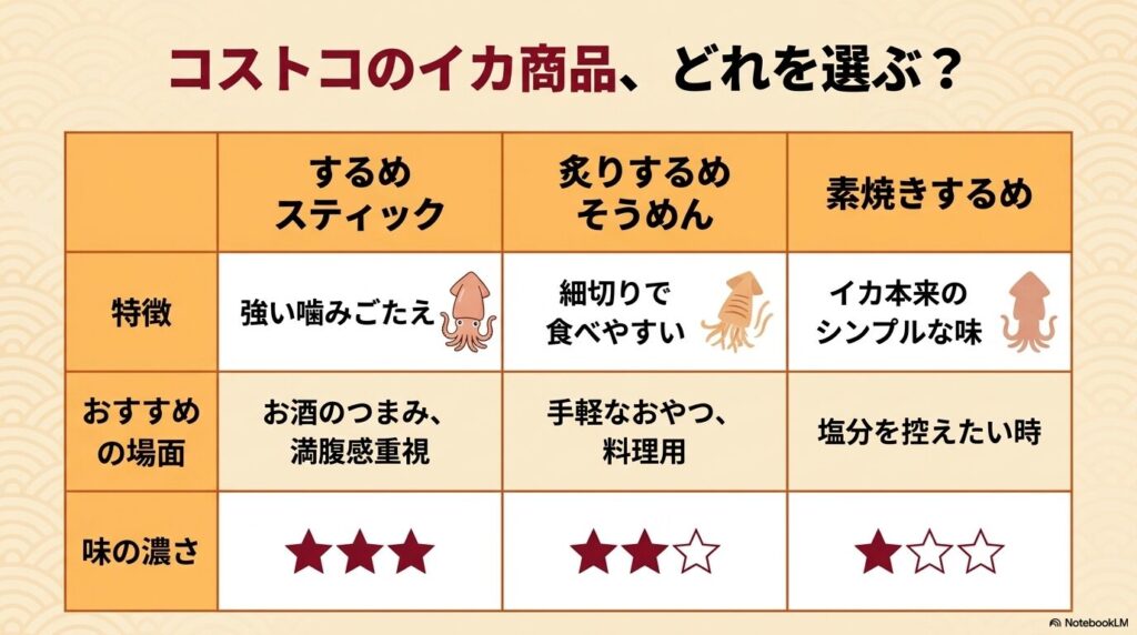 コストコで買える3種類のイカ商品の特徴、おすすめシーン、味の濃さを比較した一覧表です。