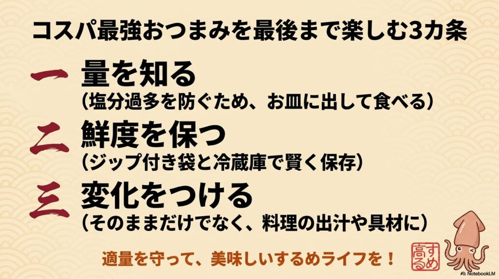 するめスティックを最後まで楽しむための3つの心得をまとめた、最終ページのスライドです。