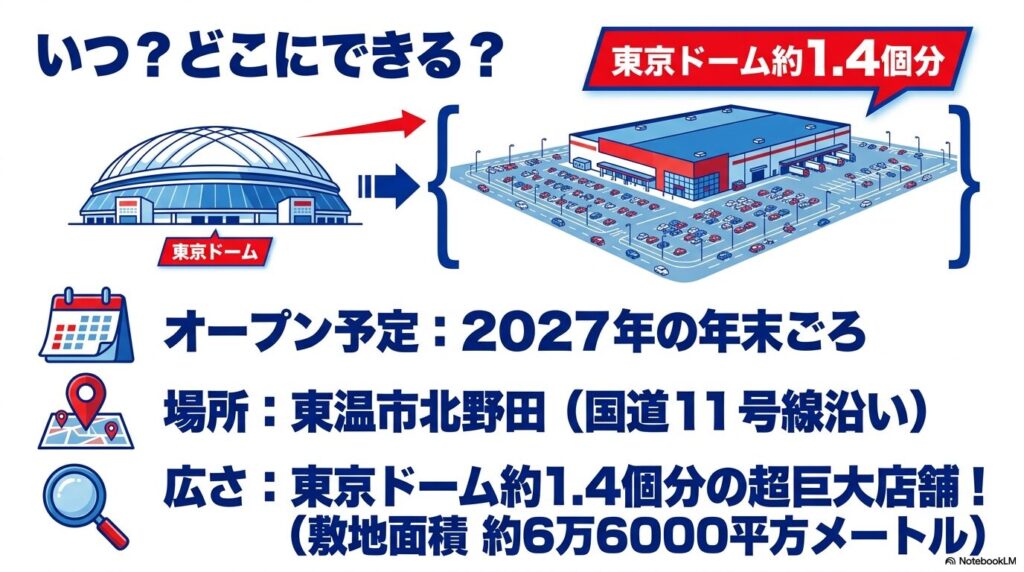 2027年末に東温市北野田にオープン予定のコストコの場所と広さを紹介するスライド。