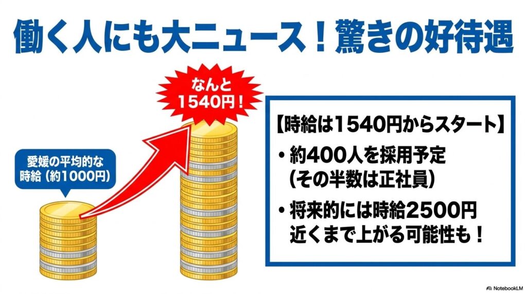 愛媛県の平均より高い1540円という開始時給や採用予定人数など、コストコの雇用条件を解説するスライド。