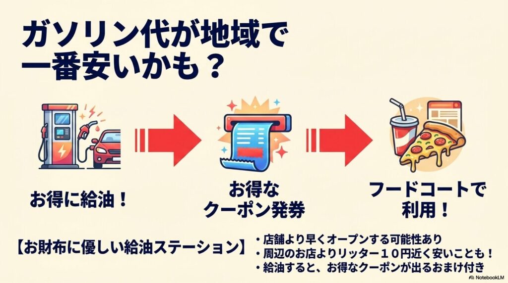 地域最安値が期待できるガソリンスタンドと、給油でもらえるクーポンについて紹介するスライド。