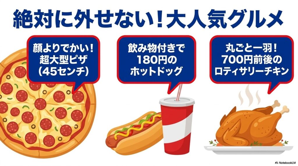 コストコで人気の大型ピザ、ホットドッグ、ロティサリーチキンの価格と特徴を紹介するスライド。