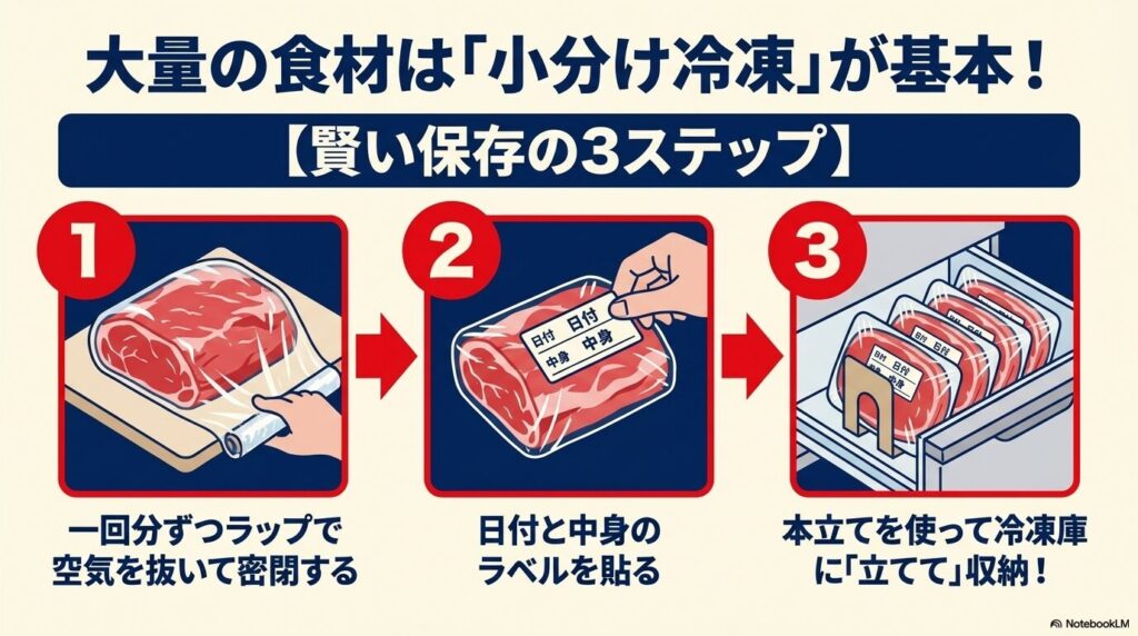 コストコの大容量食材を賢く保存するための「小分け冷凍」3ステップを解説するスライド。