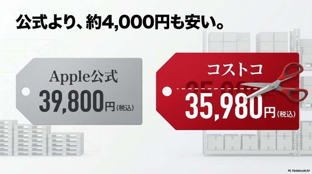 Apple公式価格とコストコ販売価格を比較し、コストコの方が約4,000円安いことを示すスライド。