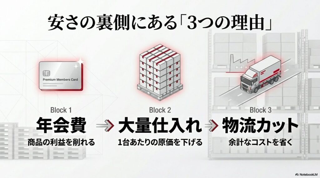 コストコがAirPods Proを安く提供できる3つの仕組み（年会費、大量仕入れ、物流カット）の解説。