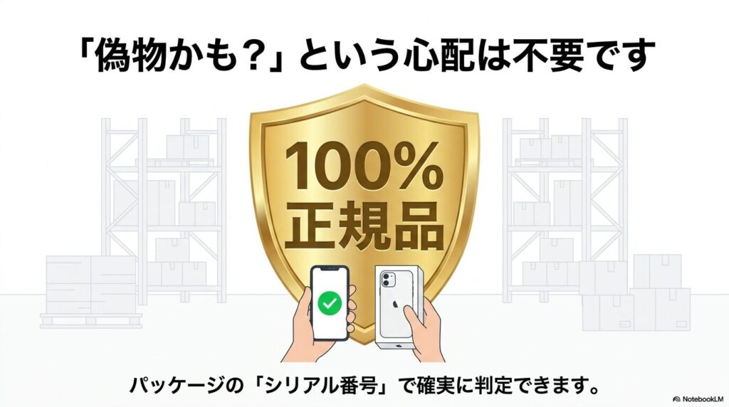 コストコで販売されている製品が100%正規品であり、シリアル番号で確認可能であることを強調する内容。