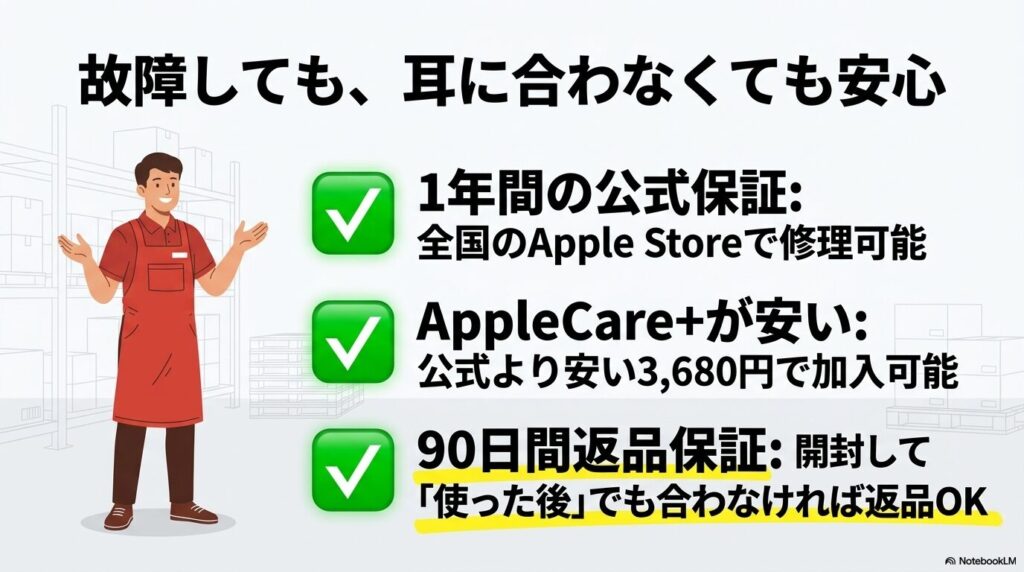 コストコ独自の90日間返品保証や、Apple公式の修理保証、割安なAppleCare+について説明。