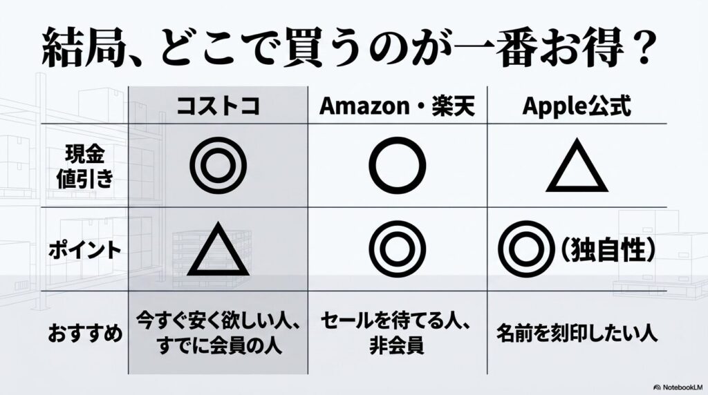 コストコ、オンラインストア、Apple公式の3つの購入先を、価格やポイントの観点で比較した表。