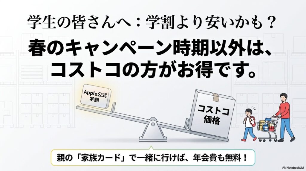 学生向けに、親の家族カードを利用したコストコでの購入が学割よりもお得になる場合があることを提案。