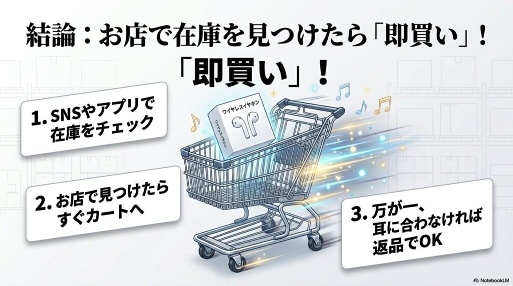 コストコで在庫を見つけた際は即座にカートに入れるべきであるという結論と、購入後の返品保証の再案内。