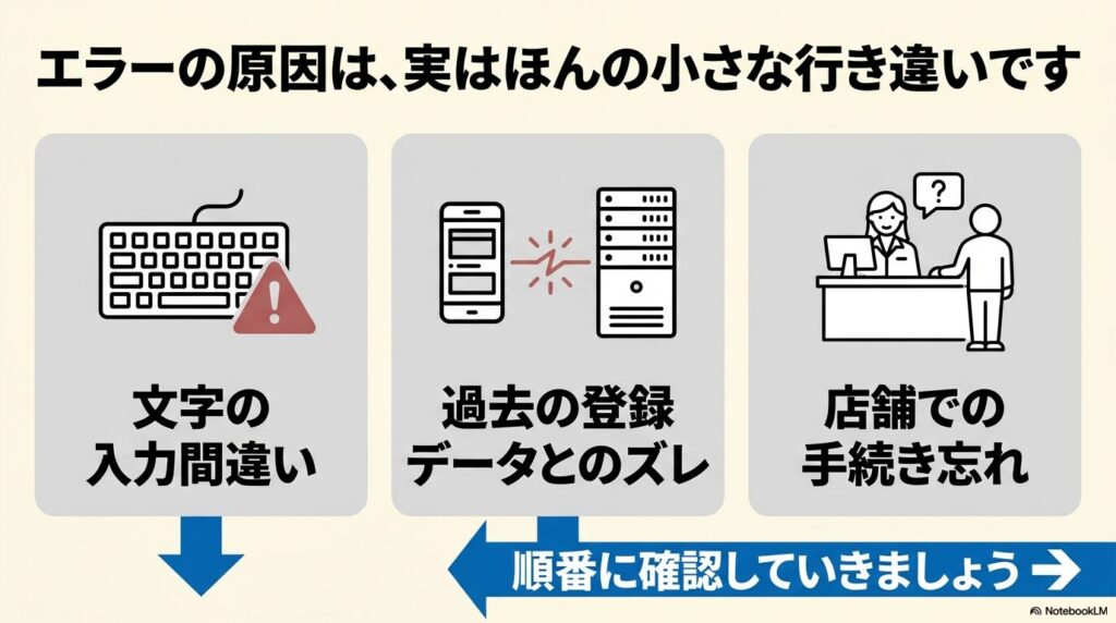エラーの主な3つの原因として、入力間違い、過去データとのズレ、店舗での手続き忘れを紹介しています。