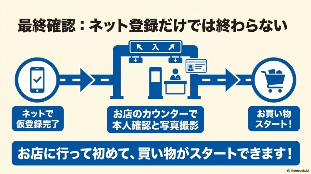 オンラインでの仮登録後、店舗カウンターでの本人確認と写真撮影が必要な流れを解説しています。