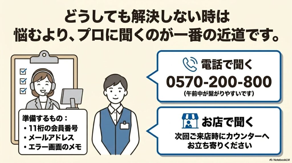 解決しない場合の問い合わせ先として、カスタマーサービスの電話番号と店舗カウンターでの相談を案内。