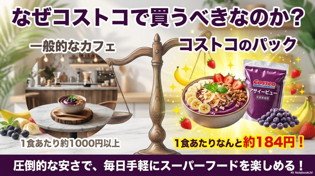 カフェとコストコの価格比較を示し、コストコなら1食約184円と圧倒的に安くアサイーを楽しめることを伝えています。