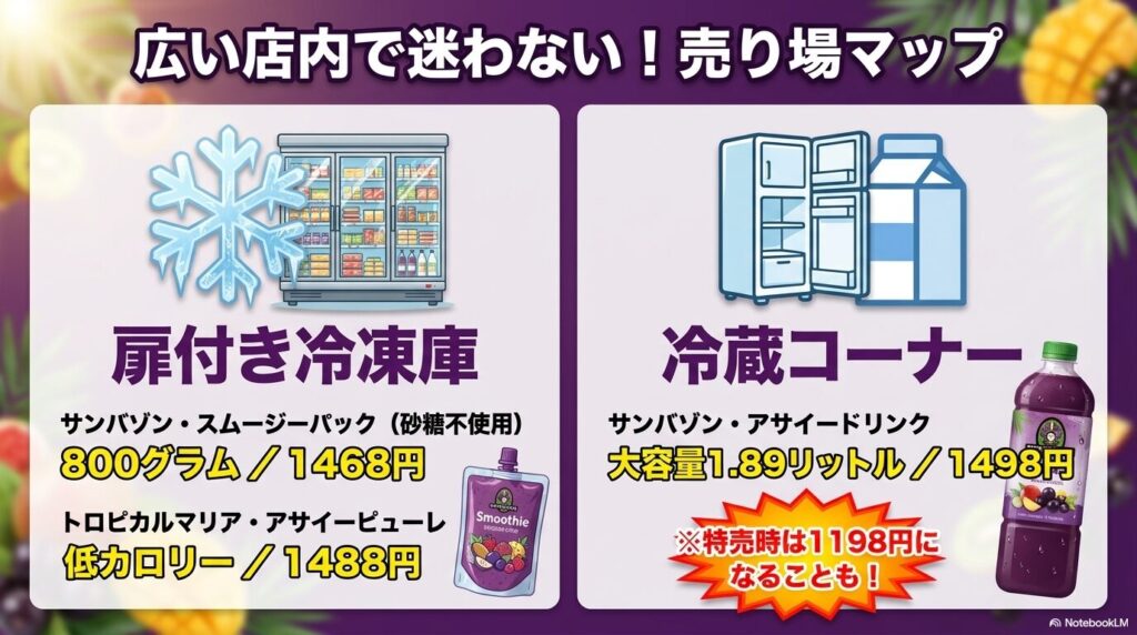 店内のアサイーの売り場マップで、扉付き冷凍庫と冷蔵コーナーにある各商品の価格と特徴を説明しています。