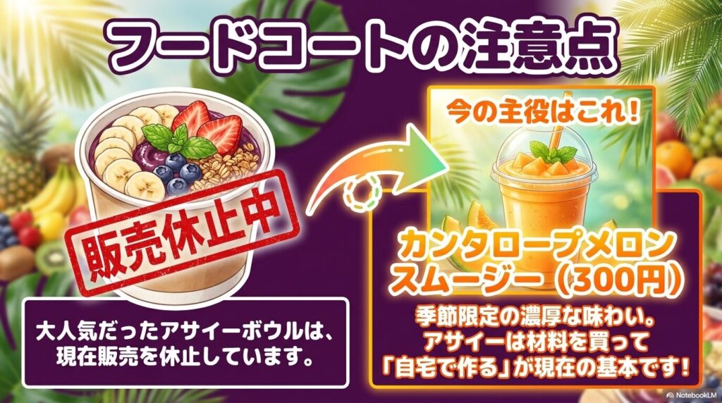 フードコートでのアサイー販売休止と、代わりの季節限定メロンスムージー、自宅で作るスタイルを提案しています。