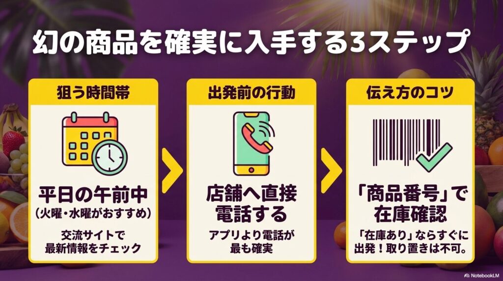 人気商品を確実に入手するための3ステップとして、狙う時間帯、電話確認、商品番号の利用を解説しています。