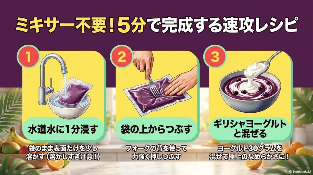 ミキサーを使わずに5分で作れるアサイーボウルの速攻レシピを、3つの簡単なステップで紹介しています。
