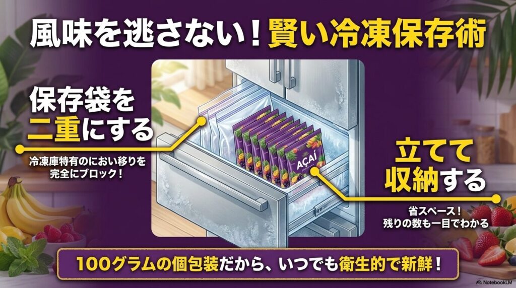 アサイーの風味を保つ冷凍保存術として、保存袋の二重化と立てて収納するコツを推奨しています。