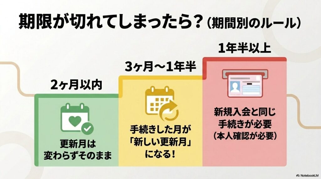 会員期限が切れてからの経過期間に応じた更新ルールの違いを3段階のステップ図で説明しています。
