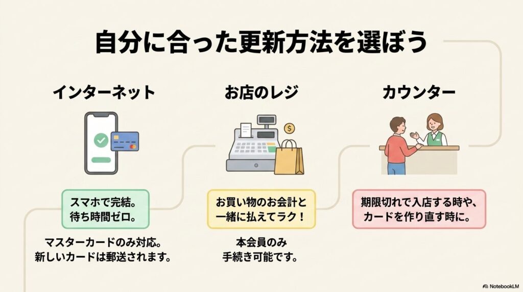 インターネット、レジ、カウンターの3つの更新方法とそれぞれの特徴や注意点を比較しています。