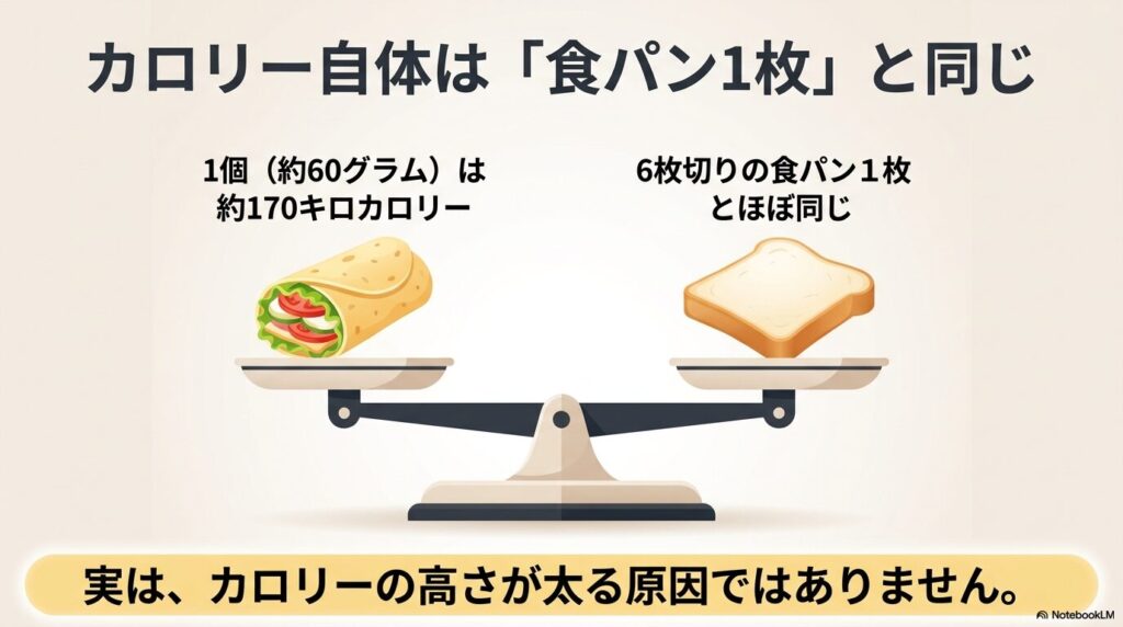 ハイローラー1個と食パン1枚のカロリーがほぼ同じであることを示す天秤の図解です。