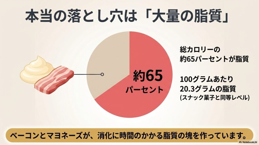 ハイローラーのカロリーの約65パーセントが脂質であることを示す円グラフと説明です。