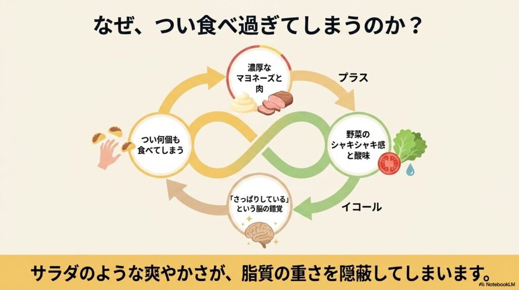 ハイローラーの脂質を野菜の爽やかさが隠し、食べ過ぎを招く仕組みの図解です。