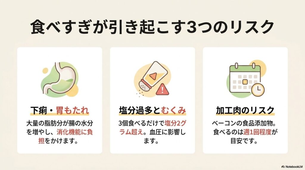 ハイローラーの食べ過ぎによる3つの健康リスク（胃もたれ、塩分、加工肉）の解説です。