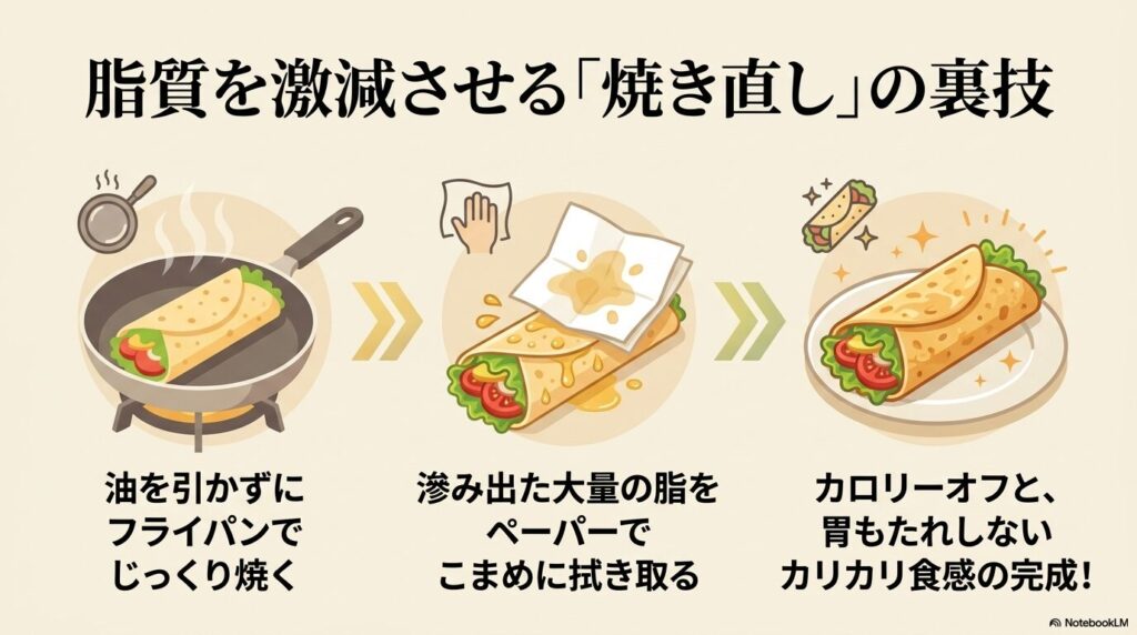 フライパンで焼き、滲み出た脂を拭き取ることでカロリーを抑える調理法の紹介です。