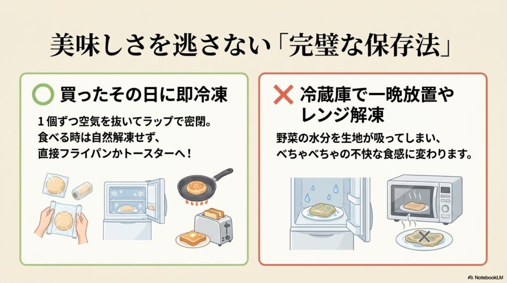 美味しさを保つための冷凍・加熱保存法と、避けるべき冷蔵保存法の比較です。