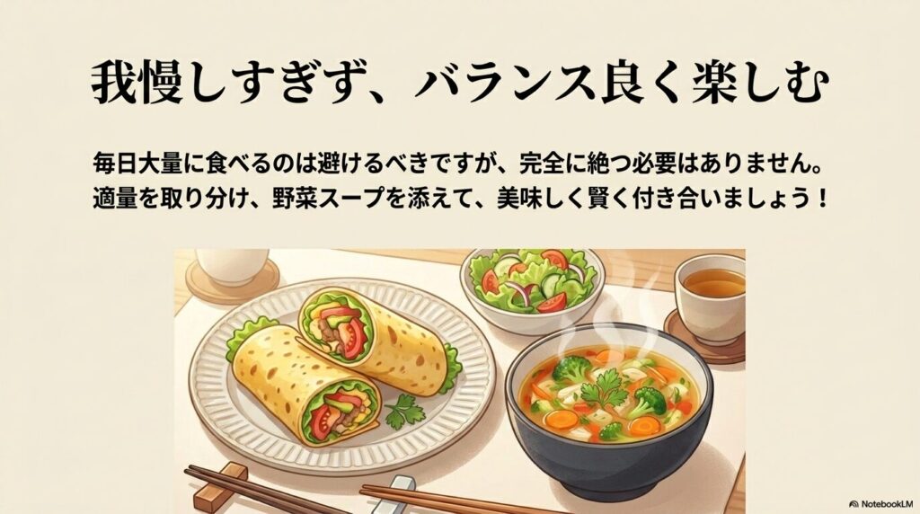 食べ過ぎに注意し、スープやサラダと共にバランス良く楽しむことを勧める結びのスライドです。