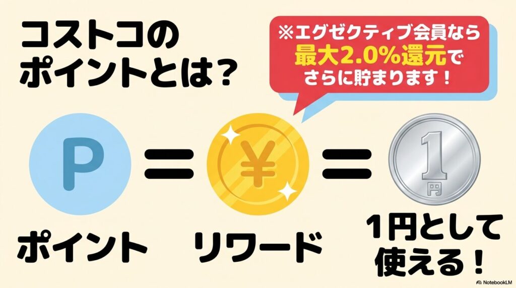 コストコのポイントが「リワード」と呼ばれ、1円単位で利用可能であることを説明するスライド。