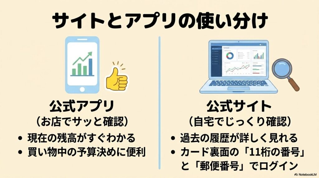 外出先では公式アプリ、自宅では公式サイトを使ってリワードを確認する使い分けの提案。