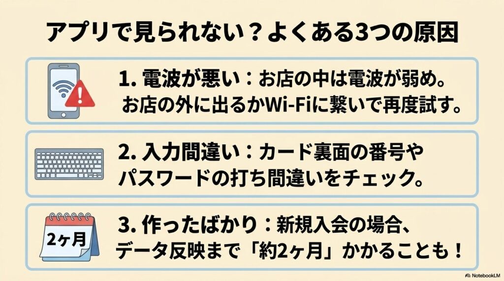 アプリで残高が表示されない主な3つの原因（電波、入力ミス、新規入会）を解説。