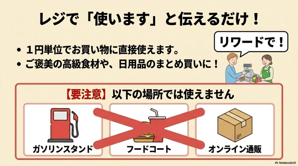 レジでリワードの使用を伝える方法と、ガソリンスタンド等では使えない注意点。