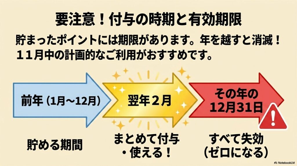 貯まったリワードは翌年2月に付与され、12月31日に失効するスケジュールを解説。