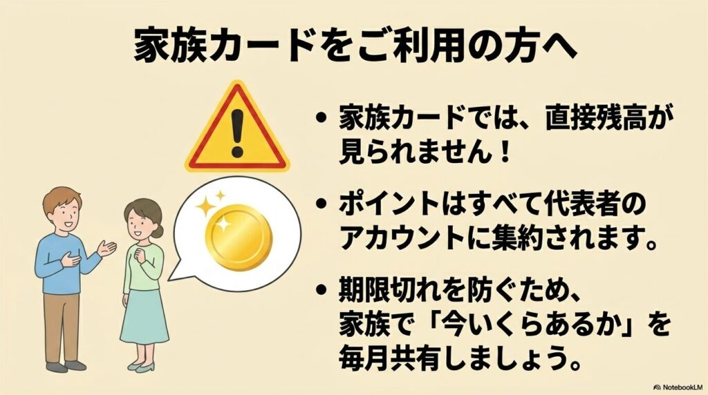家族カードでは残高が直接見られず、代表者のアカウントに集約される注意点。