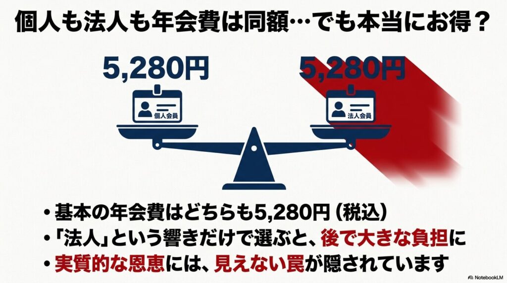 個人と法人の年会費が同額でも、法人会員には見えない罠や負担があることを警告するスライド。