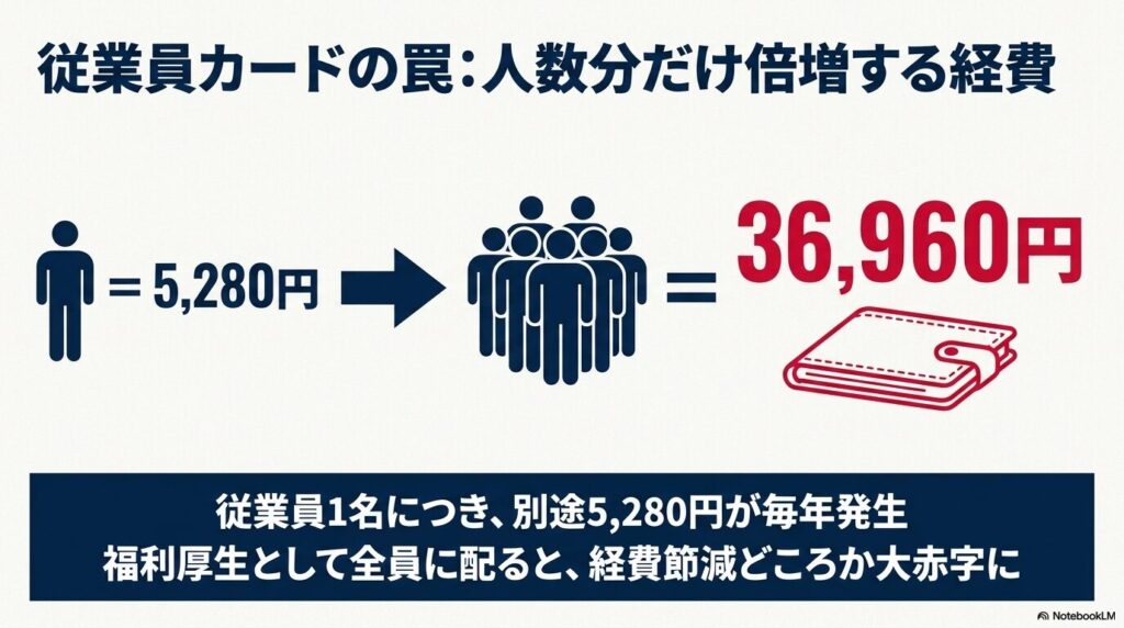従業員カードを追加するたびに年会費が加算され、福利厚生としての導入は赤字のリスクがあることを示す。