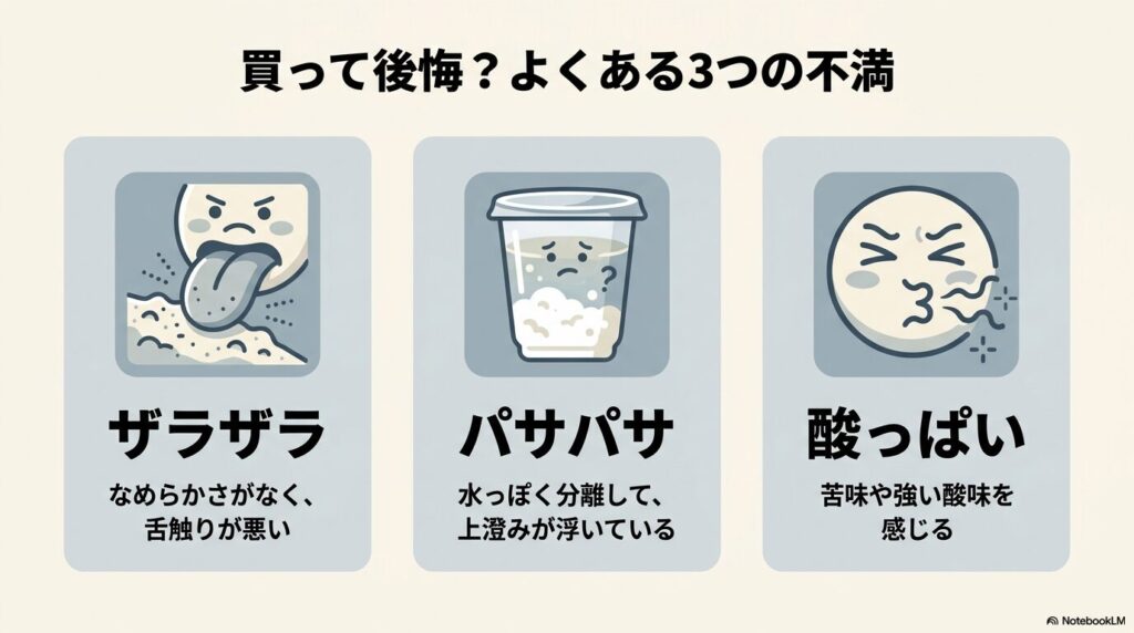 購入後に不満を感じやすい3つの特徴として、ザラザラした食感、水分分離、強い酸味を挙げています。