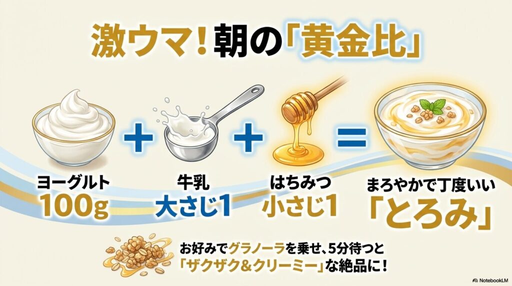朝食に最適な黄金比として、ヨーグルトに牛乳とはちみつを加えるレシピと、グラノーラのトッピングを紹介。