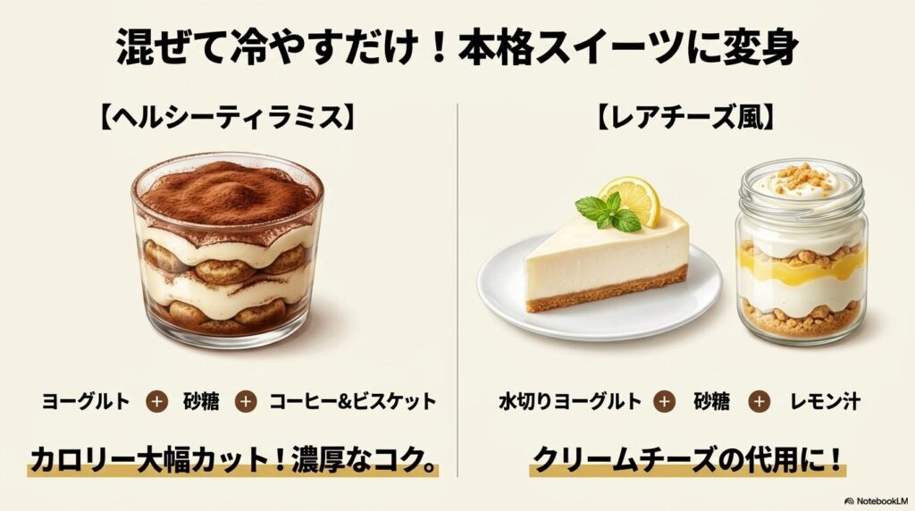 ヘルシーティラミスやレアチーズ風スイーツなど、混ぜて冷やすだけで作れる本格的なアレンジレシピの紹介。